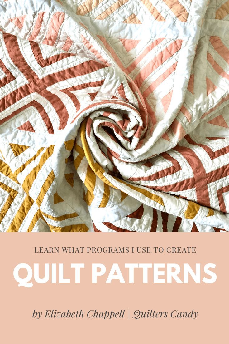 Orange, yellow, and peach fabrics in X Marks The Spot quilt top, folded and words that say Quilt Patterns