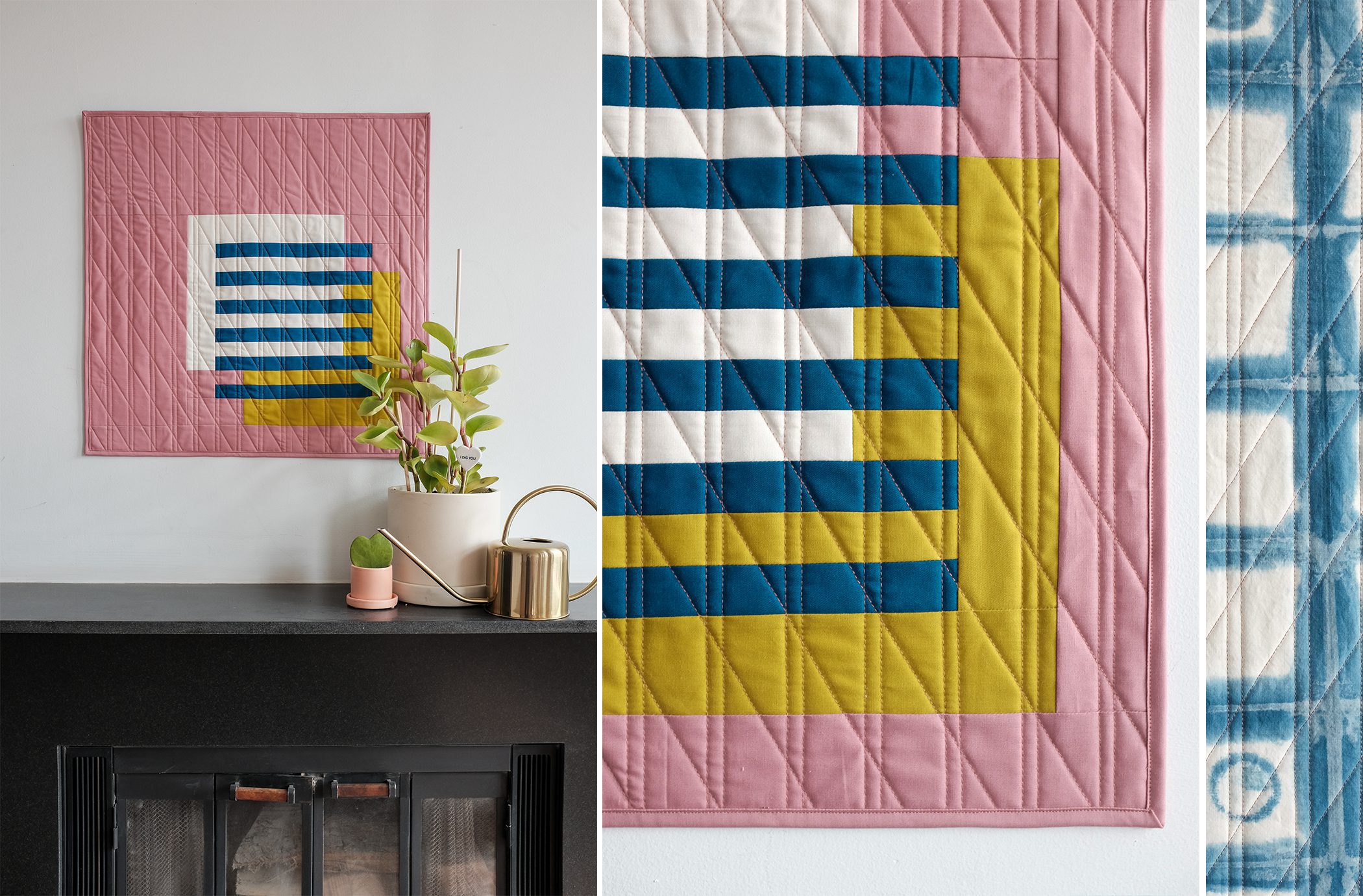 Pink, White, yellow and blue modern quilt wall hanging