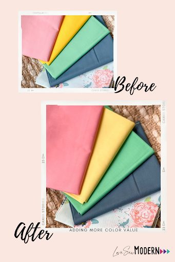 Before and after photo of solids and floral showing contrast in color palette