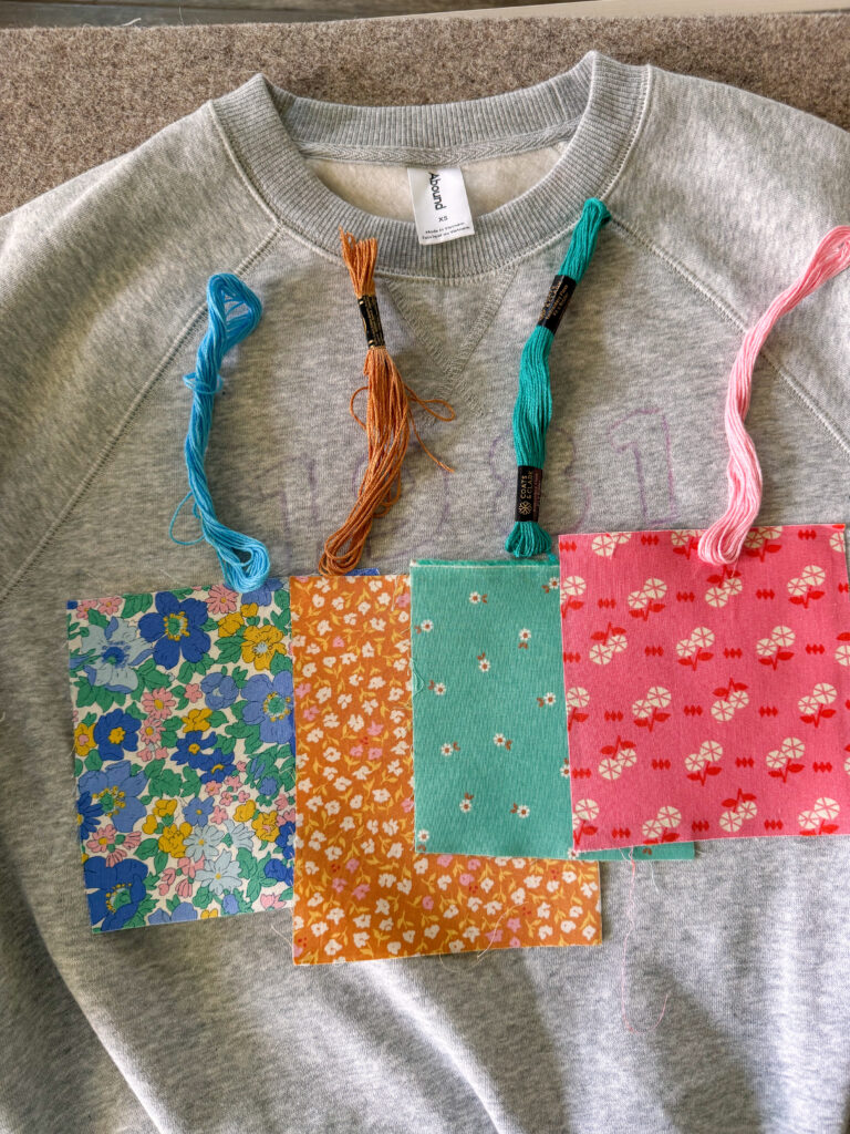 colorful fabric, sweatshirt, and embroidery floss