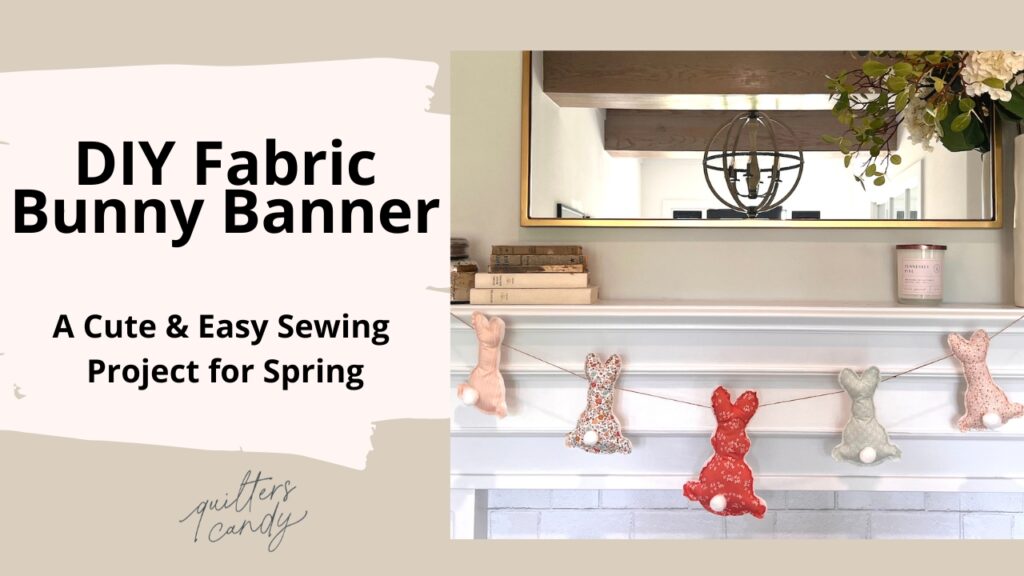 A white fireplace displays a fabric bunny bunting banner