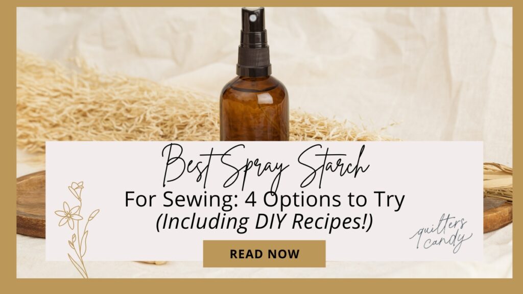 The Best Spray Starch for Sewing, a brown glass bottle in front of wheat and a light brown background.