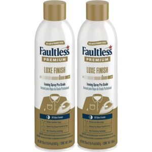 Two cans of Faultless Premium Luxe Finish Ironing Spray Starch with gold caps, designed for professional ironing and fabric crispness. The packaging highlights odor-eliminating technology and an all-colors formula.