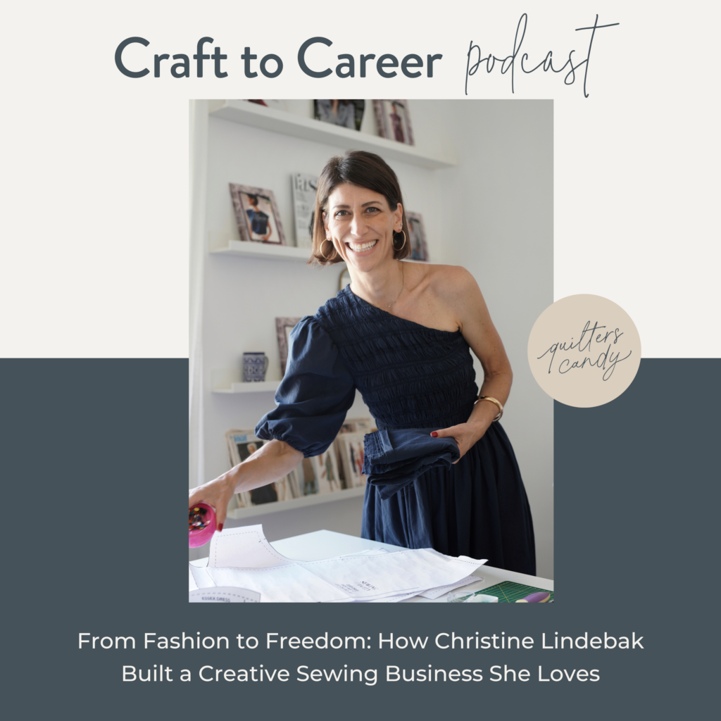 Craft To Career Podcast with a short haired woman with brown hair in a blue dress sewing.