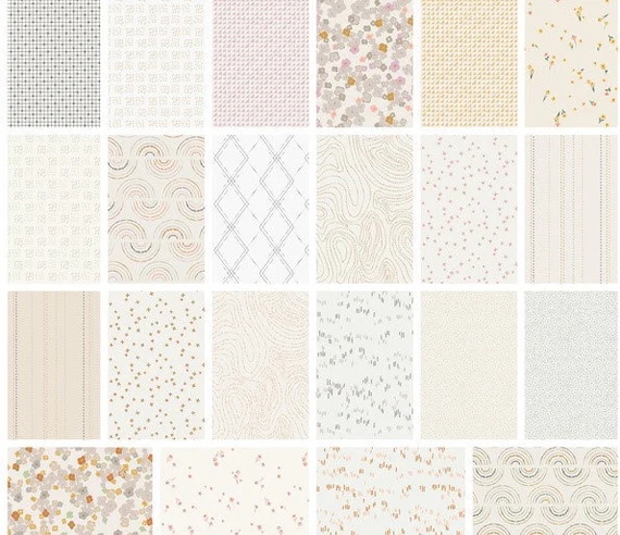 A curated collection of 25 low volume fabric swatches from Art Gallery Fabrics, featuring soft neutrals, tiny florals, delicate geometrics, and subtle textures in cream, beige, blush, and gray tones. Perfect for quilting backgrounds or low-volume projects.