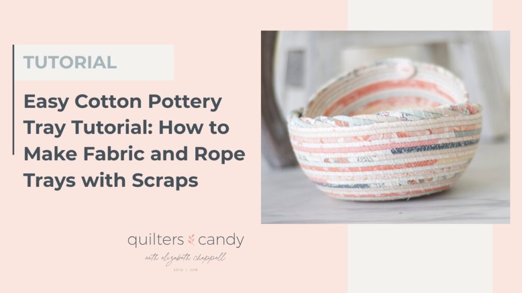 Close-up of a handmade Cotton Pottery tray made with colorful fabric scraps and rope, showing the coiled texture and soft pastel tones.