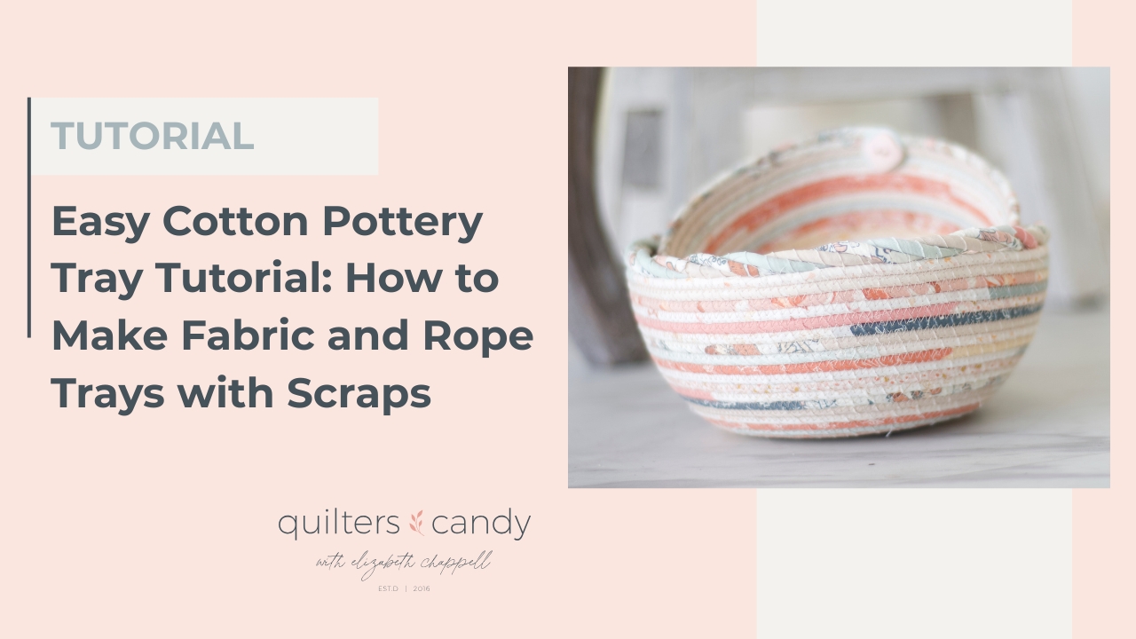 Close-up of a handmade Cotton Pottery tray made with colorful fabric scraps and rope, showing the coiled texture and soft pastel tones.