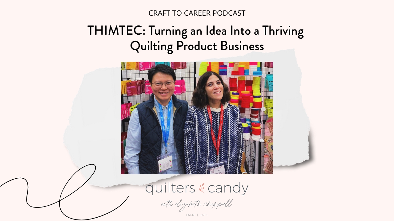 Jessica and Aiden, owners of Thimtec, stand together at their colorful Quilt Market booth displaying fabric thimbles, featured in the Craft to Career Podcast episode “How Thimtec Turned an Idea Into a Thriving Quilting Product Business.
