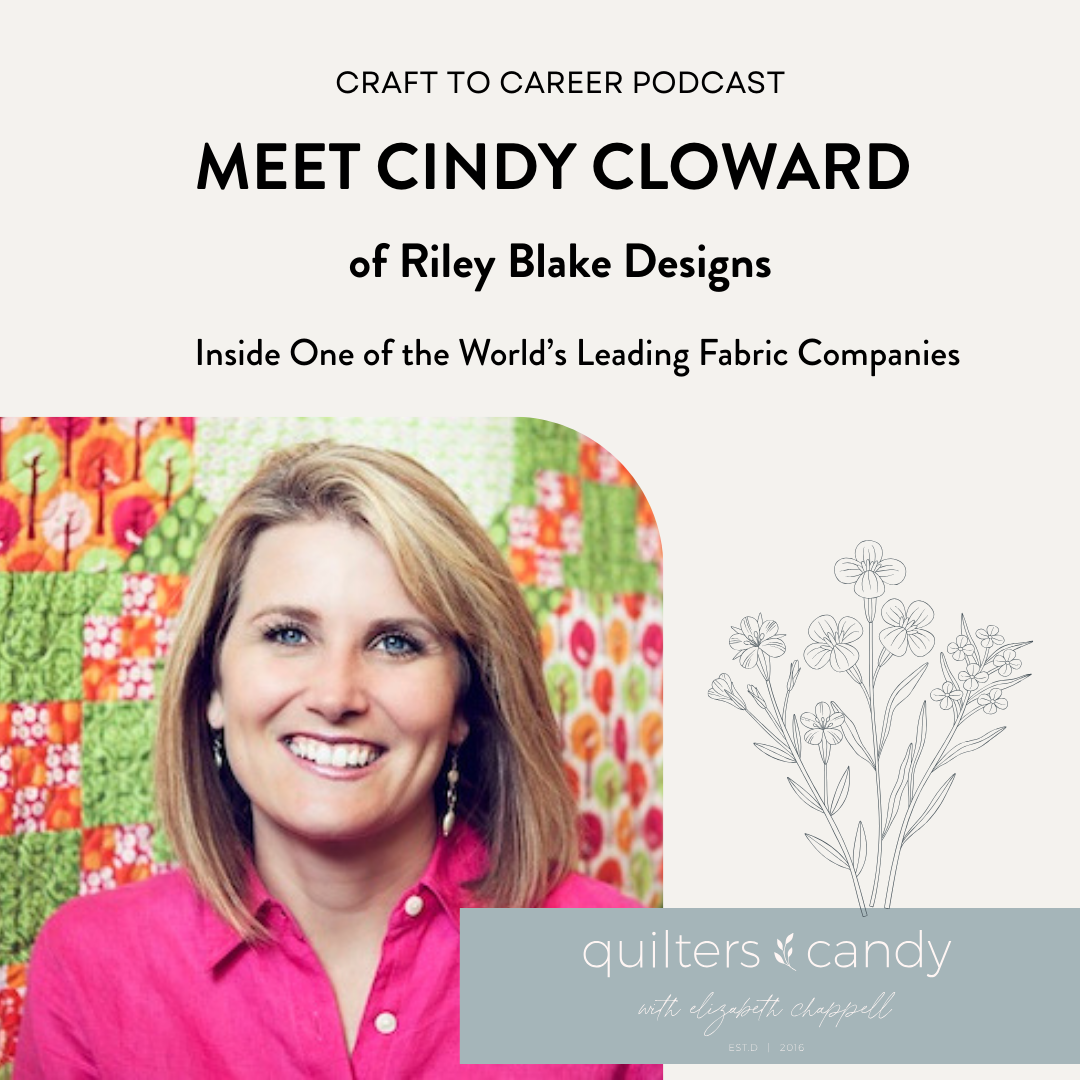 Portrait of Cindy Cloward smiling in front of colorful quilted fabric, featured on the Craft to Career Podcast episode about Riley Blake Designs.