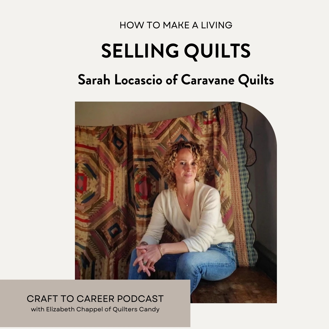 A blond hair woman is sitting in front of a brown vintage quilt, Podcast for Craft To Career, Sarah of Caravan Quilts