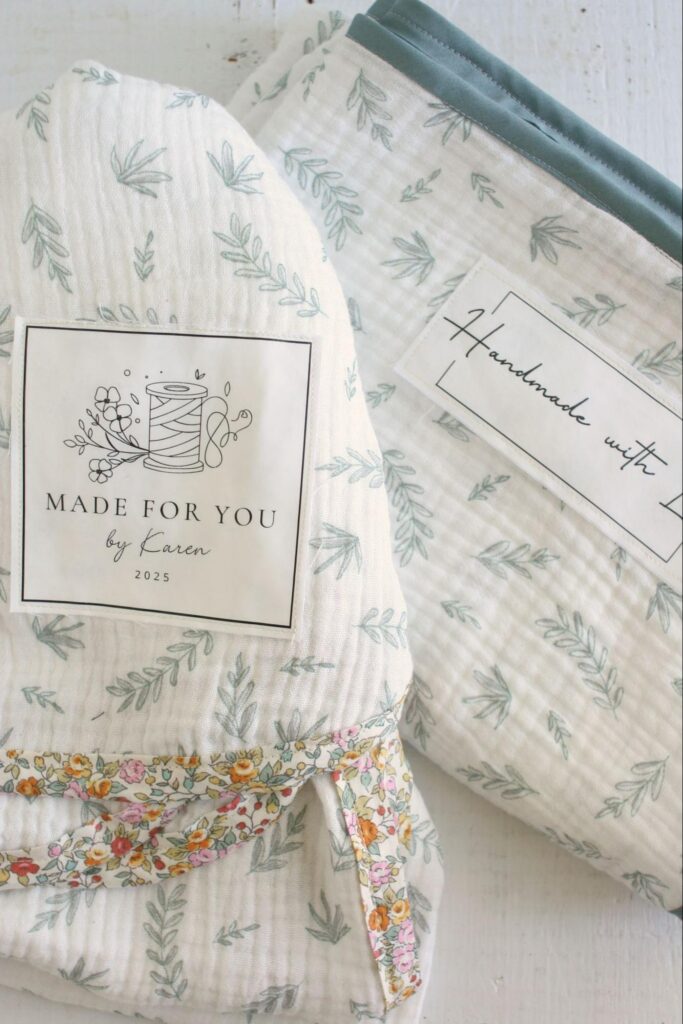 handmade quilt label sewn onto quilt back with binding — example of labeling a finished quilt Caption: A quilt label is the finishing touch that preserves the story behind your quilt.