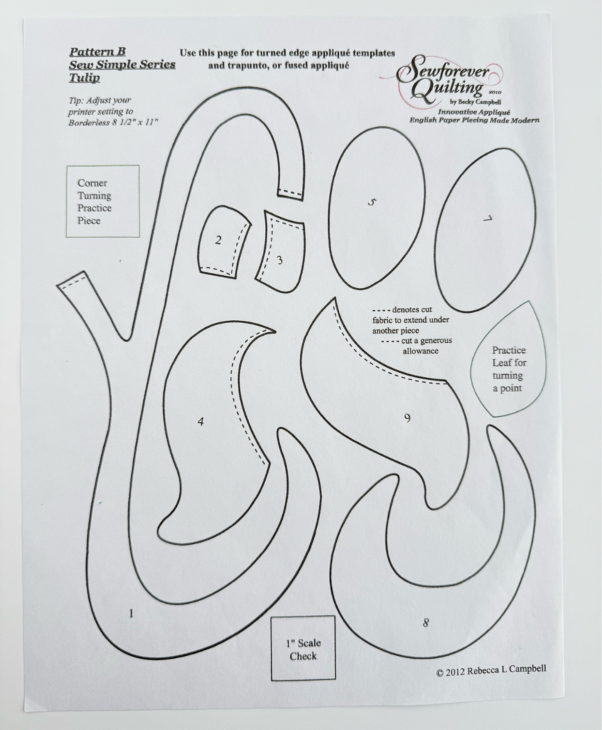Pattern B appliqué template sheet with numbered shapes, dashed overlap lines, and practice pieces.